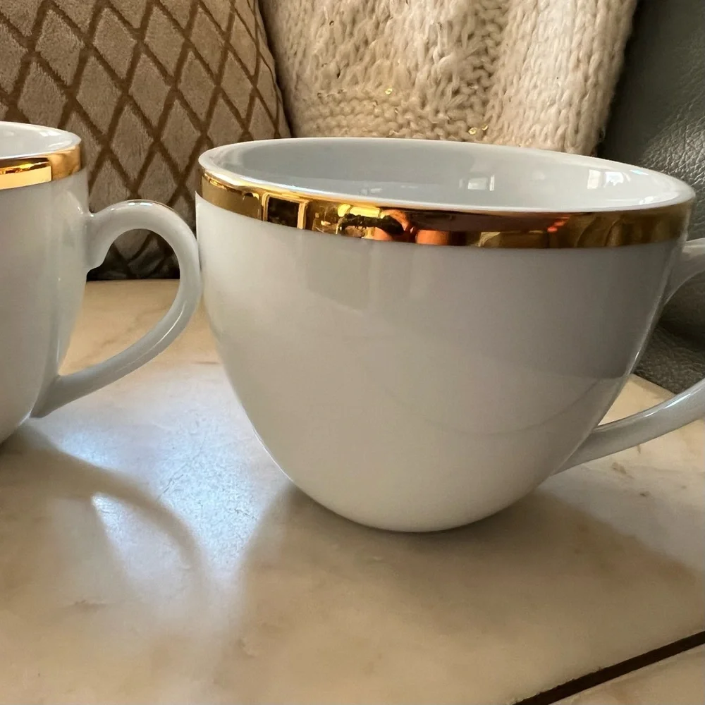 WILLIAMS SONOMA Brasserie JAPAN Gold Band PORCELAIN Tea Coffee Cups SET of 2